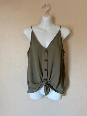 LOFT Tank Top Womens S Green Button Front Tie Waist Cami Blouse